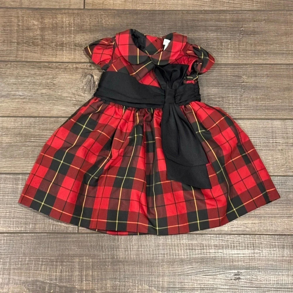 Ralph Lauren Baby Dress Red Black Plaid Taffeta Bow Lined Holiday Dress Size 9M